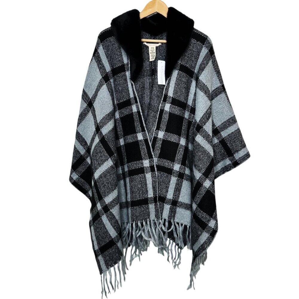 Soft Surroundings Black and Gray Plaid Faux Fur Trim Poncho